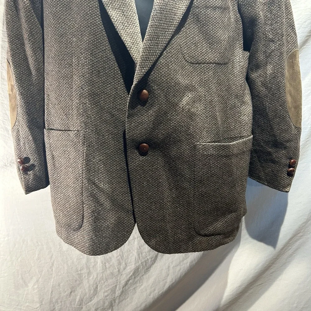 Vintage Stafford Mens 44S Lambswool Tweed Blazer Brown Elbow Patches Made in USA